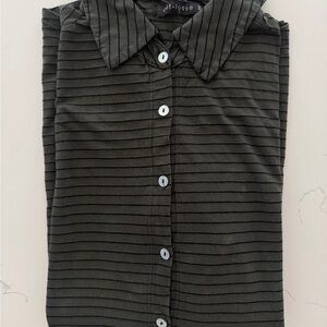 Striped Button-Up T-Shirt 3/4 length sleeve